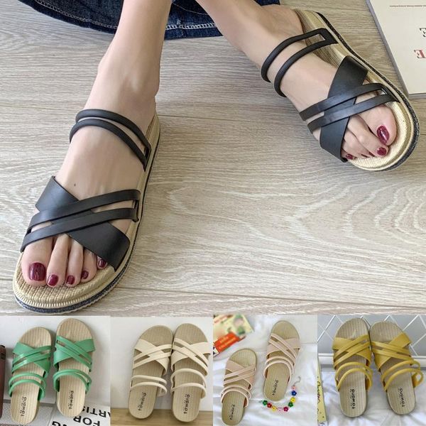 

shoes woman flat flock slip-on summer sandals plus size solid open toe beach sandals women shoes sandalias zapatos de mujer 2020, Black