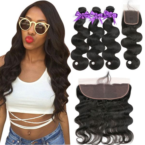 

бразильская волна тела пучков с фронтальными закрывающим человеческим волосом 3 связки с 4x13 фронтального или 4x4 закрытия кружева бесплатн, Black;brown