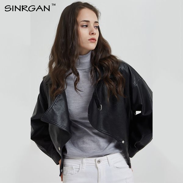 

sinrgan осень короткая искусственная кожаная куртка женская молния черные pu кожаные куртки плюс размер мотоциклетные пиджаки, Black