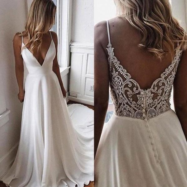 Discount 2020 Sexy Simple Beach Wedding Dress Crystal Beaded Boho Bridal Gowns Sleeveless Thin Starps Sweep Train A Line Robe De Mariee Lace Wedding