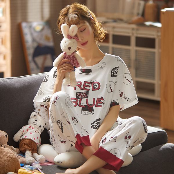

sleepwear pyjamas women's pajamas long sleeve sleepwear sets ladies pijama sets homewear cute cartoon lounge wear t-shits, Black;red