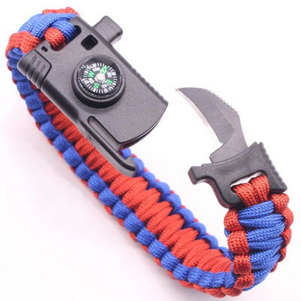 

cool outdoor men women braided multi-function camping rope bangles compass whistle knife, Golden;silver