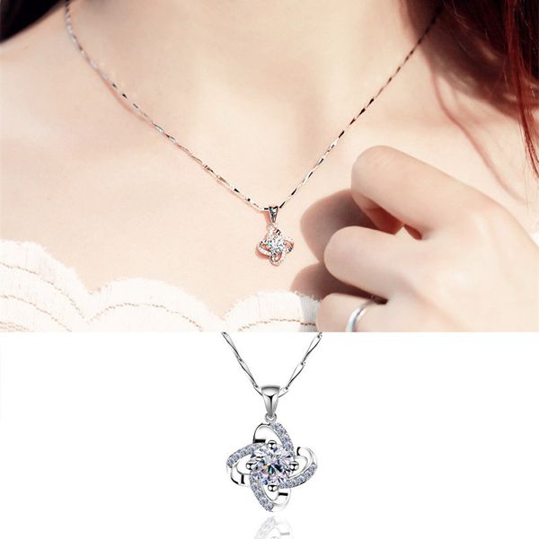 

four-leaf clover pendant beautiful four-leaf clover necklace fashion trend jewelry four-leaf clover zircon necklace girl gift, Silver