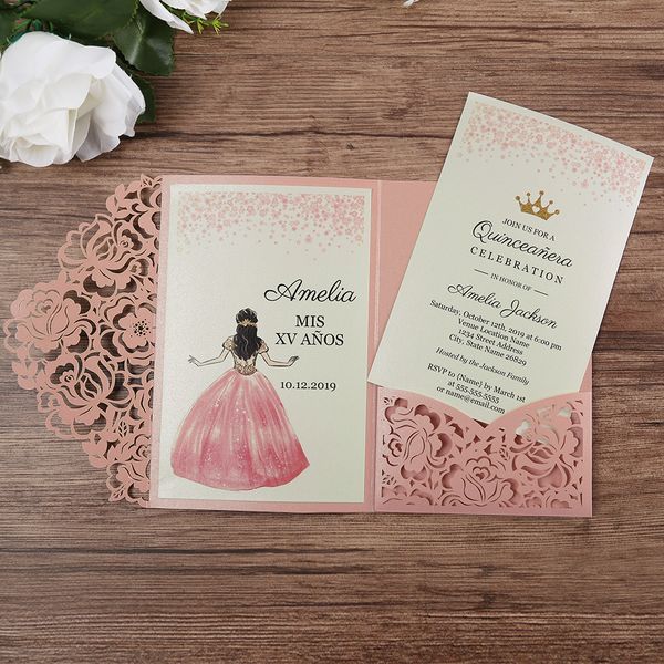 pink laser cut xv anos quinceanera invitations 2019 lovely hollow floral pocket wedding invitation with rsvp card birthday sweet 16 invites wedding quinceanero invitations