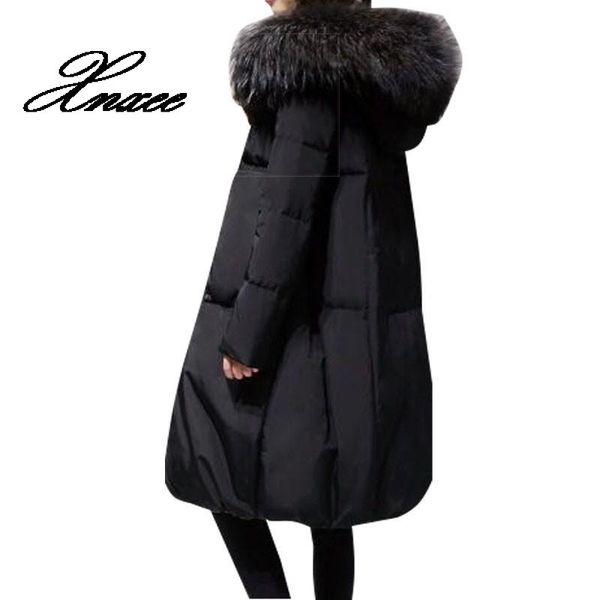 

plus size 6xl winter women loose thick warm jacket female faux fur collar hooded down cotton coat parkas outwear, Black