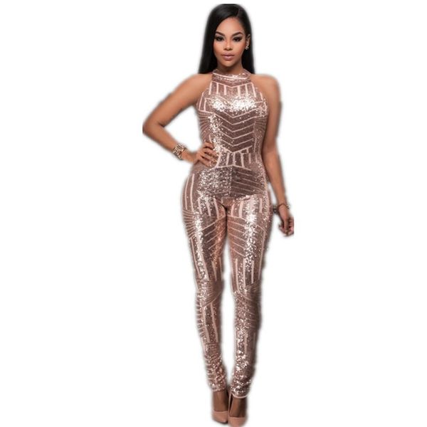 

wholesale- new fashion sheer o neck backless sleevess clubbing gold geometric sequin jumpsuits plus size ladies playsuit ing, Black;white