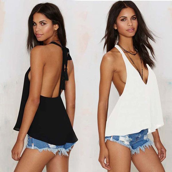 

new backless tank women chiffon summer sleeveless shirt camis female v-neck vest, White