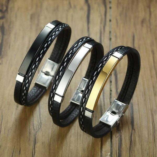 

new fashion leather bracelets for men stainless steel bracelet round weave black jewelry gifts for male boy accessories bangle, White