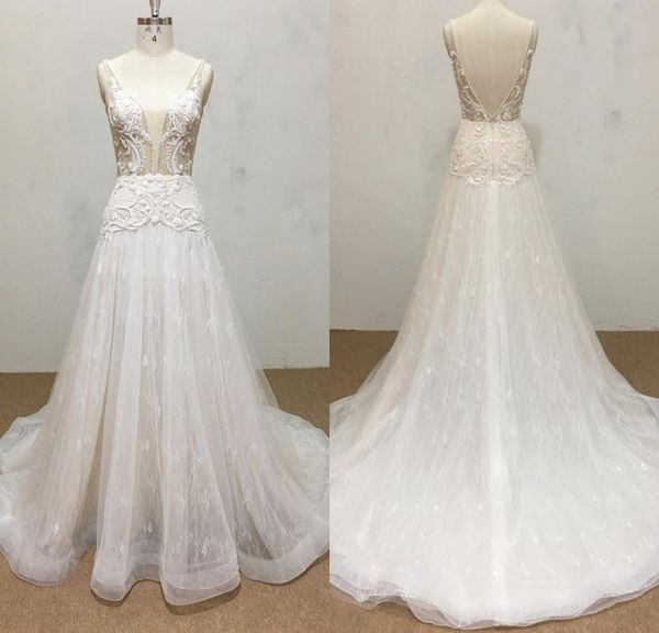 

bohemian a line luxury wedding dresses tulle lace applique beads formal dress spaghetti sleeveless backless sweep train bridal gowns, White