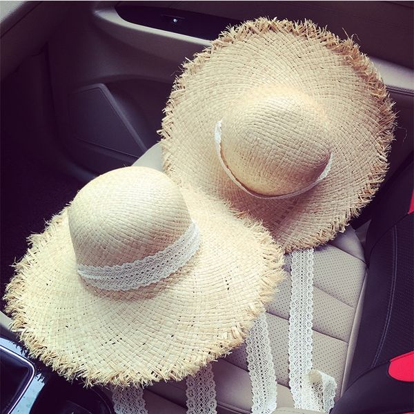 

bandage lafite straw women's wide sunscreen cap flat cap eaves beach flat hat sun-proof hat tide, Blue;gray