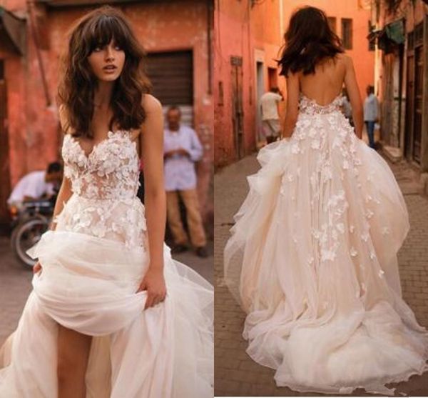 

liz martinez beach wedding dresses 2019 3d floral v-neck tiered skirt backless plus size elegant garden country toddler wedding gowns 318, White
