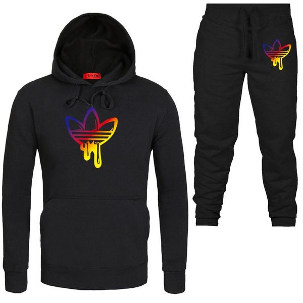 

tracksuit men fashion women sportswear 2 piece sets cotton fleece thick hoodie pants sporting suit male, Black
