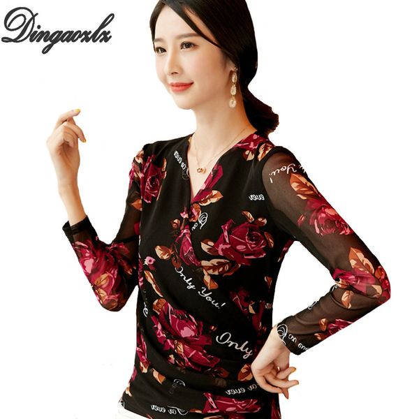 

dingaozlz -4xl 2019 autumn new v neck women rose printed shirt long-sleeve women blouse plus size clothing, White