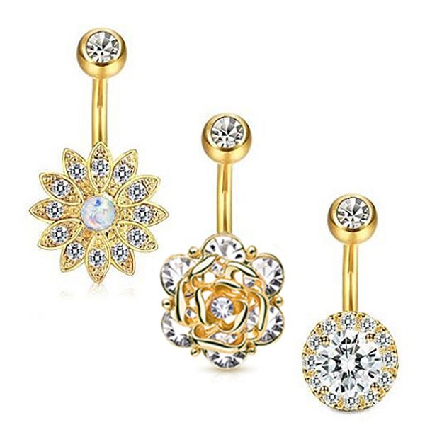 

3 шт. / компл. цветок круглый циркон кристалл украшения для тела из нержавеющей стали горный хрусталь пупка колокол пирсинг кольца для женщи, Silver