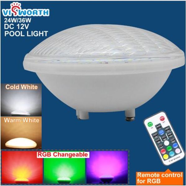 VisWorth 12v AC/DC Par56 Led Piscina Led 24W 36W IP68 Luci per Stagno RGB + Telecomando Luce Subacquea Bianca Calda/Fredda