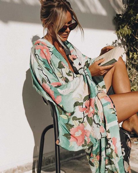 

green vintage retro night garde print boho maxi kimono shirt sleeve cardigan bohemian long wrap blouse summer beachwear, White