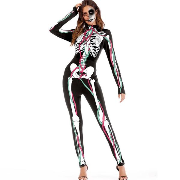 

chamsgend woman bodysuit womens scary halloween 3d skull viscera blood print party costume jumpsuit 2018 c30828, Black;white