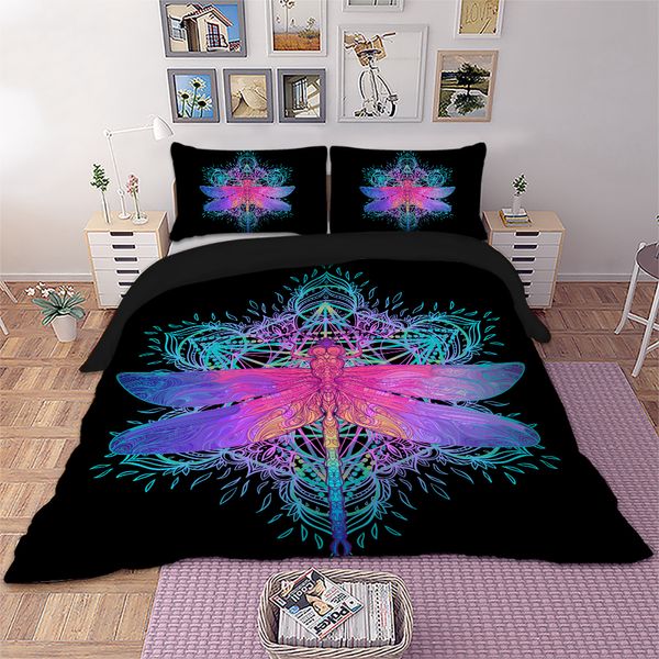 

wongs bedding dragonfly mandala bedding set  size insect print duvet cover purple pink bed linen drop ship