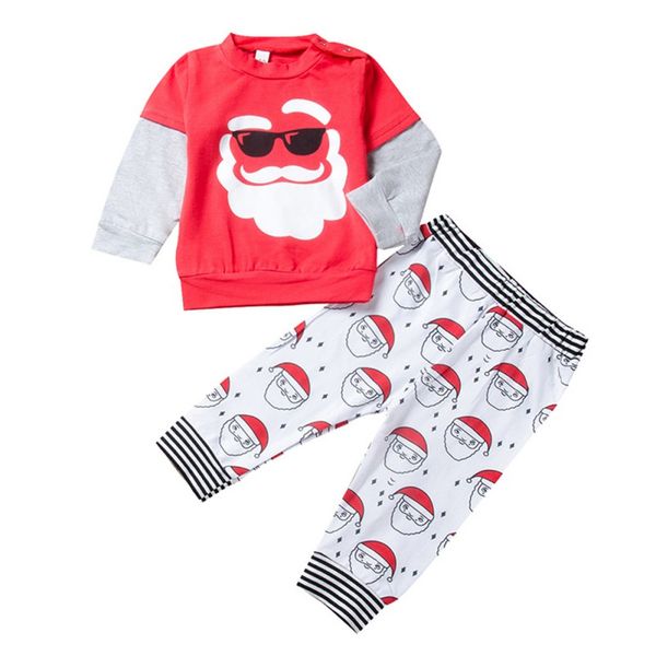 

new baby boy clothes long sleeve cartoon christmas santa claus clothes print t-shirt +pants suit costume set baby clothing, White