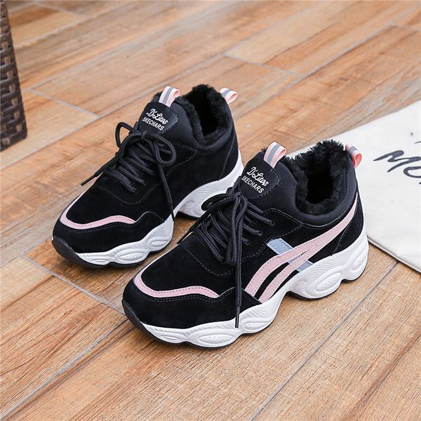 

hkxn dad shoes women autumn 2020 new winter plus velvet warm wild thick bottom casual fashion lace up sneakers women shoes t02, Black