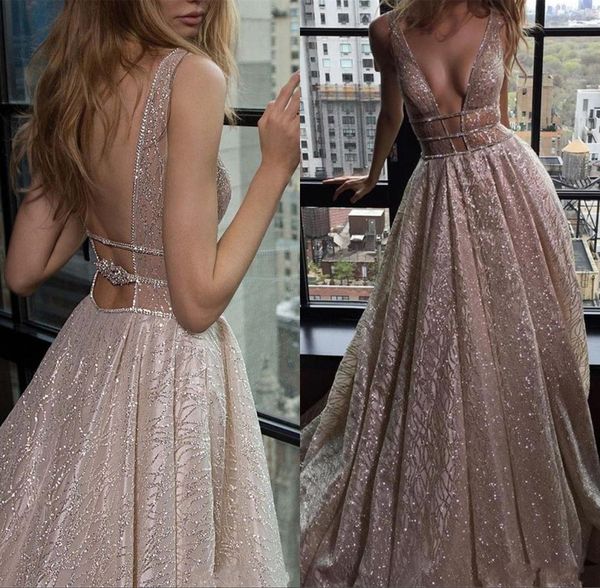 

Sparkly Spaghetti Sexy Evening Dresses 2019 Formal Wear Deep V-Neck Backless Sequined Prom Dress Party Gowns Abendkleider vestidos de baile