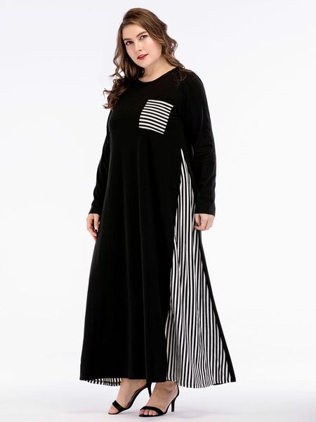 

casual maxi dress striped full abaya shirt patchwork loose long robe gowns vestido muslim kimono middle east islamic clothing, Black;gray