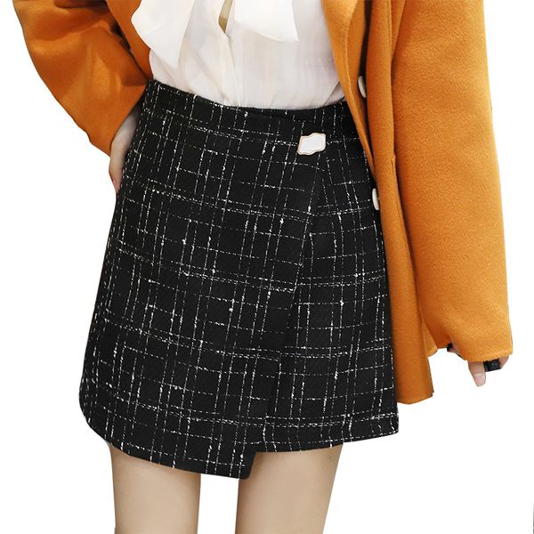 

fashion korean elegant tweed winter skirt women autumn high waist a-line woolen mini skirts office lady plaid irregular skirts, Black