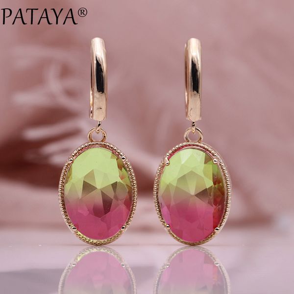 

pataya new oval long dangle earrings women fashion wedding jewelry 585 rose gold natural zircon earrings 13 tourmaline colors, Silver