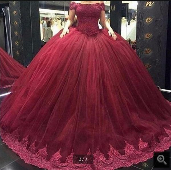 

2017 ball gown burgundy lace appliques princess prom dress off the shoulder short sleeve sweet 16/15 prom gowns on sale, Black