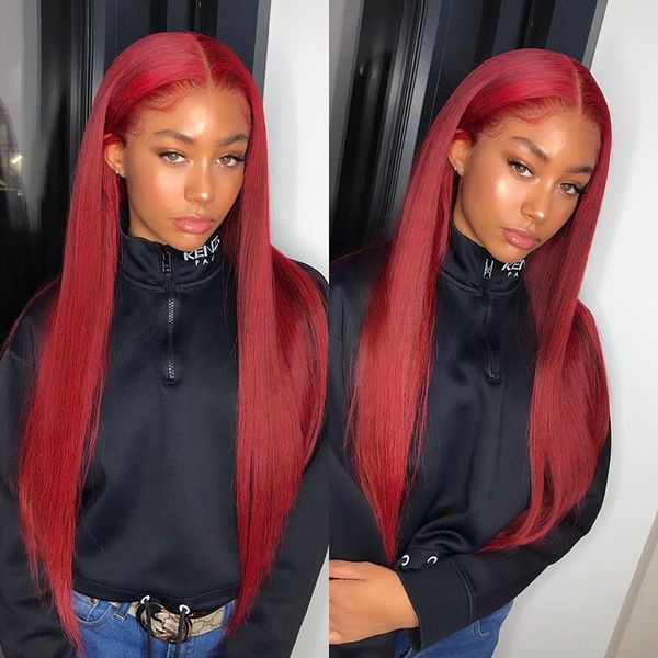 

glueless red 13x6 lace front human hair wig with baby hair brazilian lace front wig for black women remy natural hairline, Black;brown