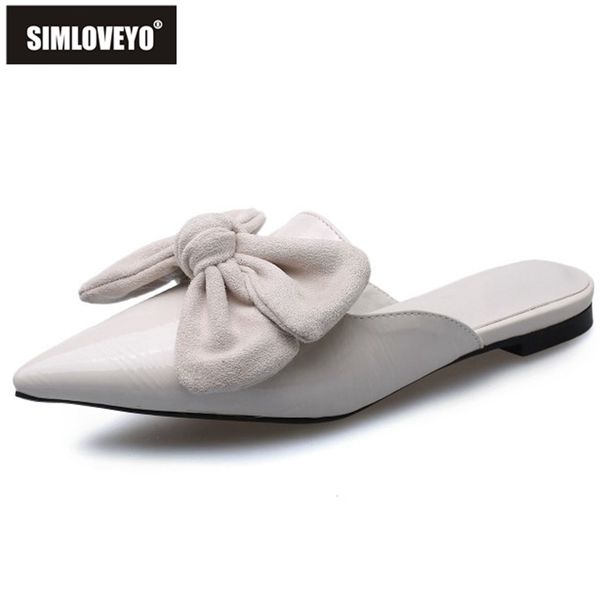 

simloveyo 2020 summer female slippers pointed toe square heels patent leather bowtie plus size 34-43 elegant outdoor b1903, Black