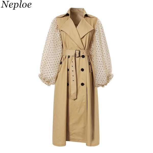 

women's trench coats neploe polka dot mesh sleeve patchwork women clothes belt single breasted abrigo mujer 2021 autumn pockets 68539, Tan;black