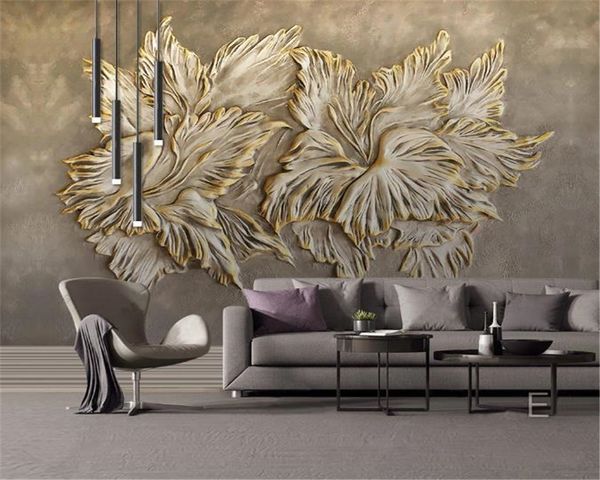 Foto Personalizado Fundo 3D Wallpaper rico do ouro 3D em relevo flor se abre rico da flor de parede decorativa bonito Wallpaper