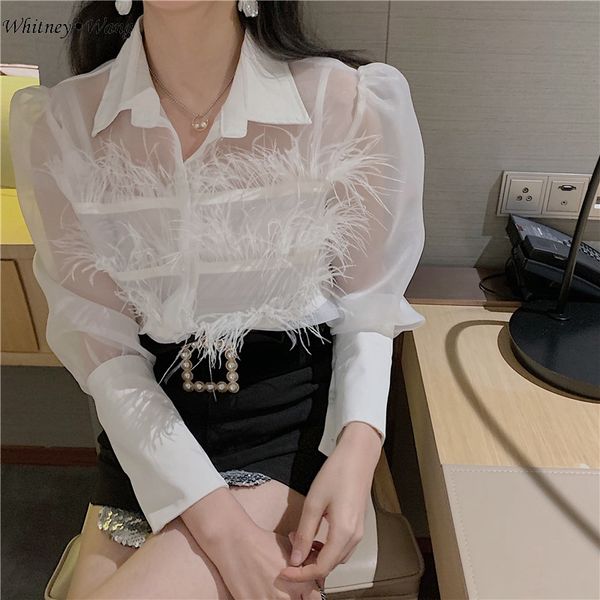 

whitney wang blouses 2020 spring fashion elegant see through feathers blouse women blusas shirt ladies blusa, White