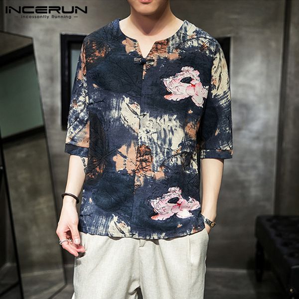 

ретро printed мужчина рубашка v шея половина рукав 2020 китайского стиль хлопок повседневных уличных мужчины камиз masculina incerun s-5xl, White;black