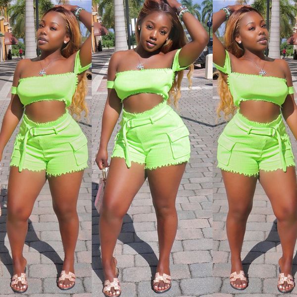 

skmy two piece set neon green crop and high waist shorts jogger set 2019 summer women vacation shorts tracksuits, White