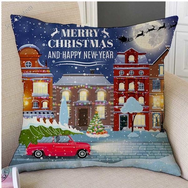 

christmas in town drawing car christmas tree design painting decorative sofa cushion cover cotton linen chair throw pillow case