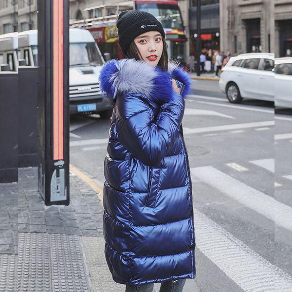 

2019 new winter waterproof jacket women warm thicken hooded with fur long coat shining fabric stylish female parka, Black