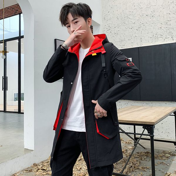 

2020 spring autumn new men's jacket coat youth korean fashion printed thin windbreaker hooded overcoat trench coat windcheater, Tan;black