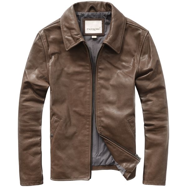

men's genuine leather jacket lapel simple fashion short slim fit leather jacket men's cow leather jacket, Black