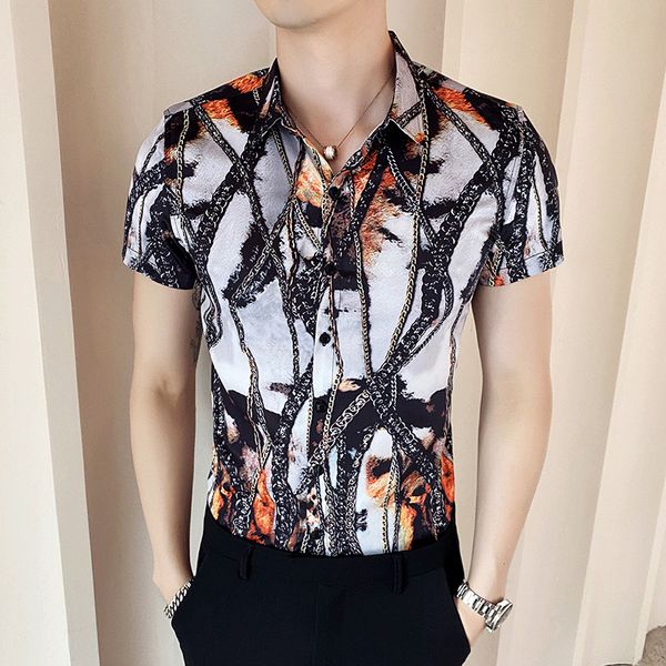 

summer new european and american irregular personality striped printing slim large mens short-sleeved shirt c153-p55, White;black