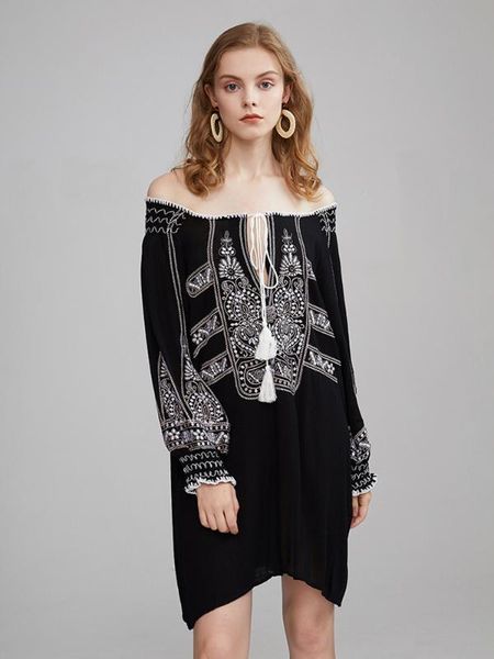 

summer new style travel holiday seaside beach one line dress bohemia dress ethnic retro embroidery mini, Black;gray