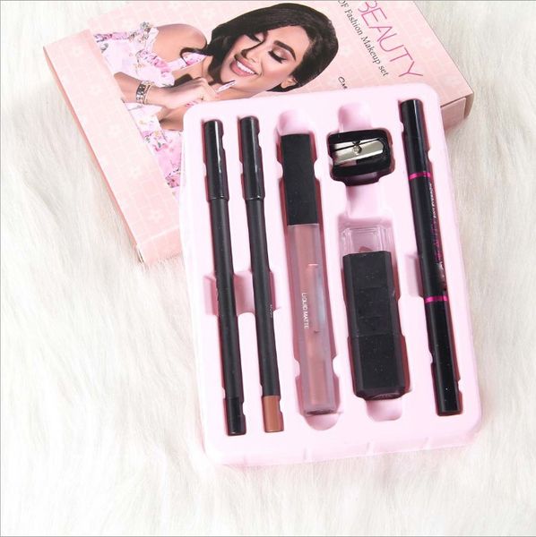 

wholesale 6 in 1 fashion make-up set with pencil sharpener lipstick eyebrow pencil lip liner eyeliner