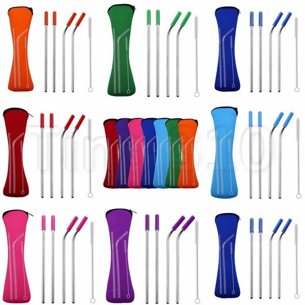 

new 6pcs/set 215mm straws portable silicone tip cover stainless steel straws drinking straw travel neoprene storage bag drinking straws 4725