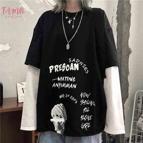 

black letter print tshirt loose punk t shirts womens autumn high street t shirts funny long sleeve tshirt streetwear gir, White