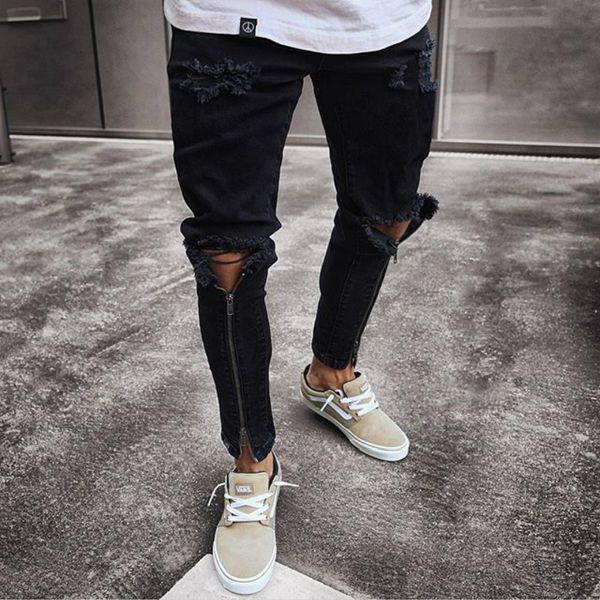 

2019 men's jeans washed feet shinny denim black pant men casual zipper hip hop ripped hole elastic pencil pants plus size j8k9, Blue