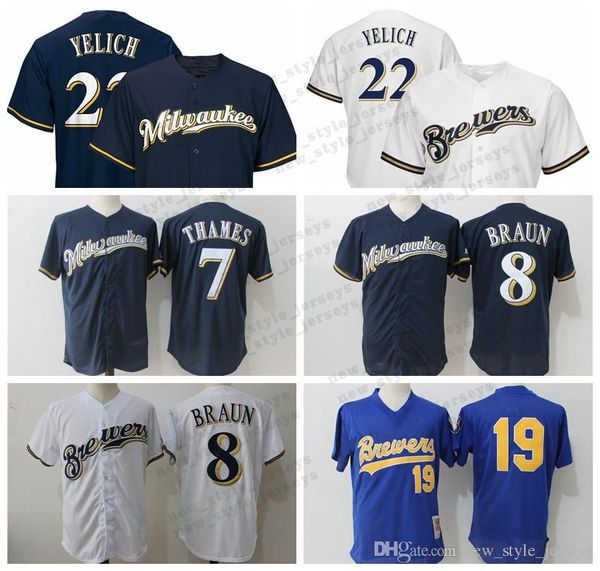 

Yelich Milwaukee 22 Christian Yelich 2019 Men Brewers jersey 19 Robin Yount 7 Eric Thames 8 Ryan Braun Baseball Jerseys