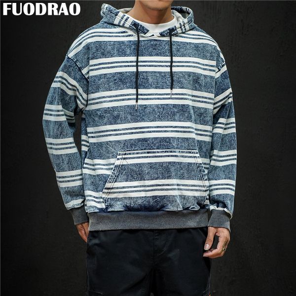 

fuodrao denim hoodies men hip hop streetwear casual hoody oversized sweatshirts japan style striped men pullover size 5xl w233, Black