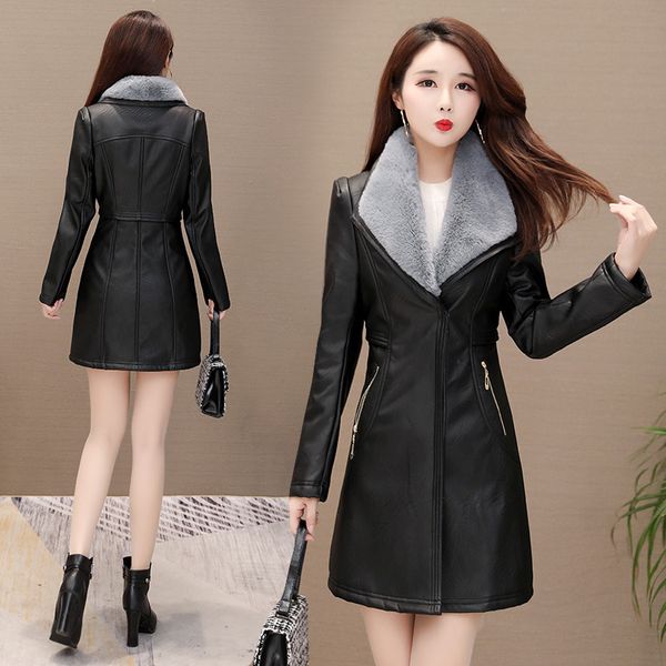 

women's trench coats winter women long plus velvet pu leather jacket coat female fashion faux fur collar thick windbreaker slim overcoa, Tan;black