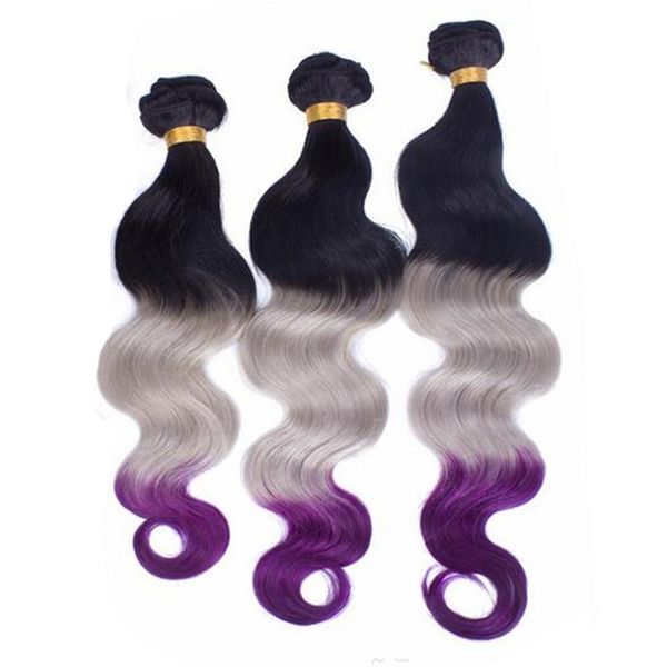 Черные корни Серый и фиолетовый Ombre Virgin Индийские человеческие волосы Weave Wefts Объемная волна # 1B / Серый / Фиолетовый 3Tone Ombre Пучки человеческих волос предложения